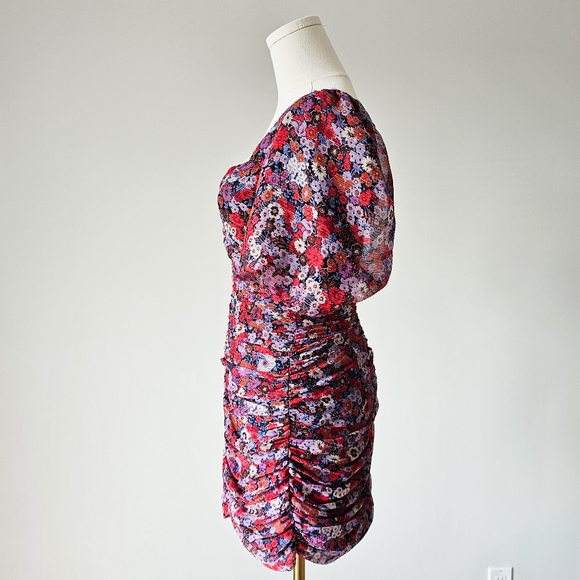 Zara S red floral ruched form fitting short sleeve dress nwot - Picture 3 of 8